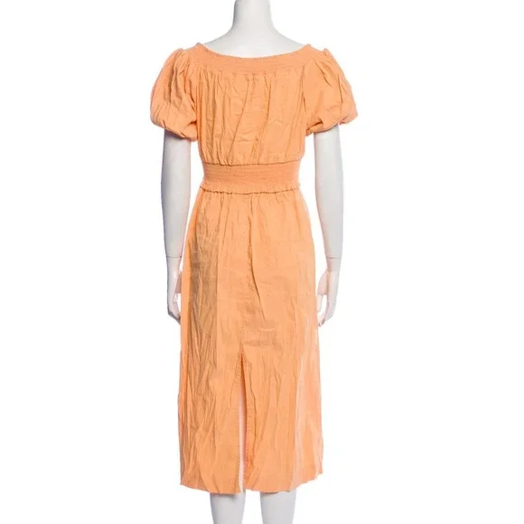 ALC Peach Smocked Puff Sleeve Linen Blend Midi Dress Size 6 - Picture 6 of 8